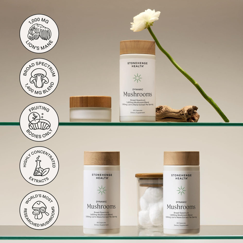 Stonehenge Health Dynamic Mushrooms label front shows brand details.