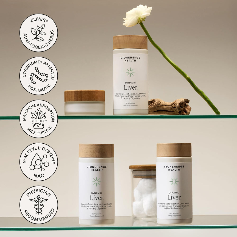 Stonehenge Health Dynamic Liver capsules in hand illustrate portable daily support