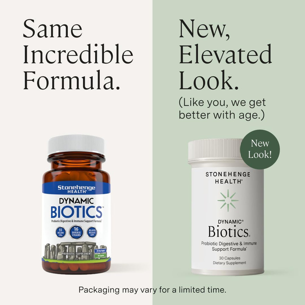 Stonehenge Health Dynamic Biotics label close-up highlighting 55B CFU.