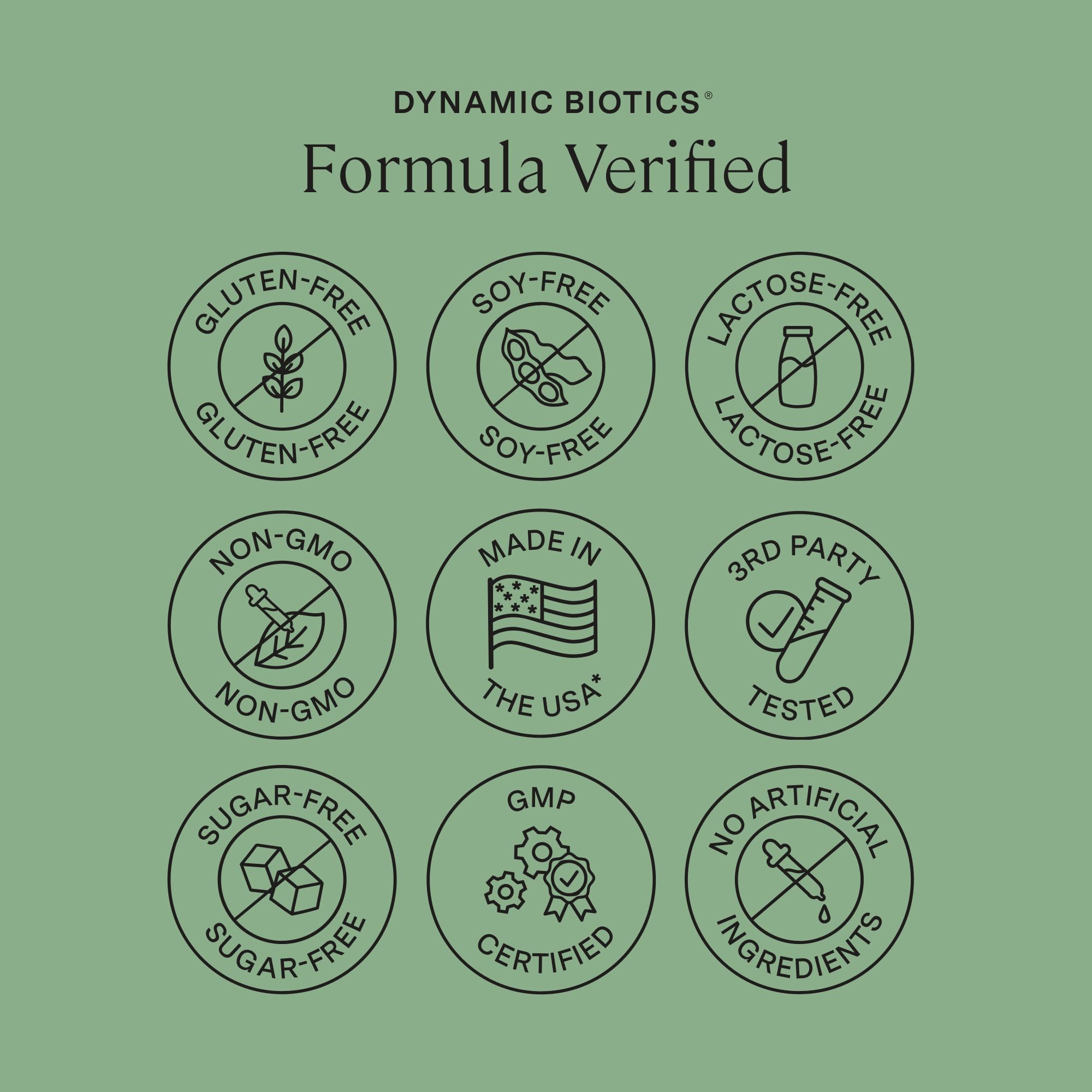 Stonehenge Health Dynamic Biotics third-party tested seal on packaging.