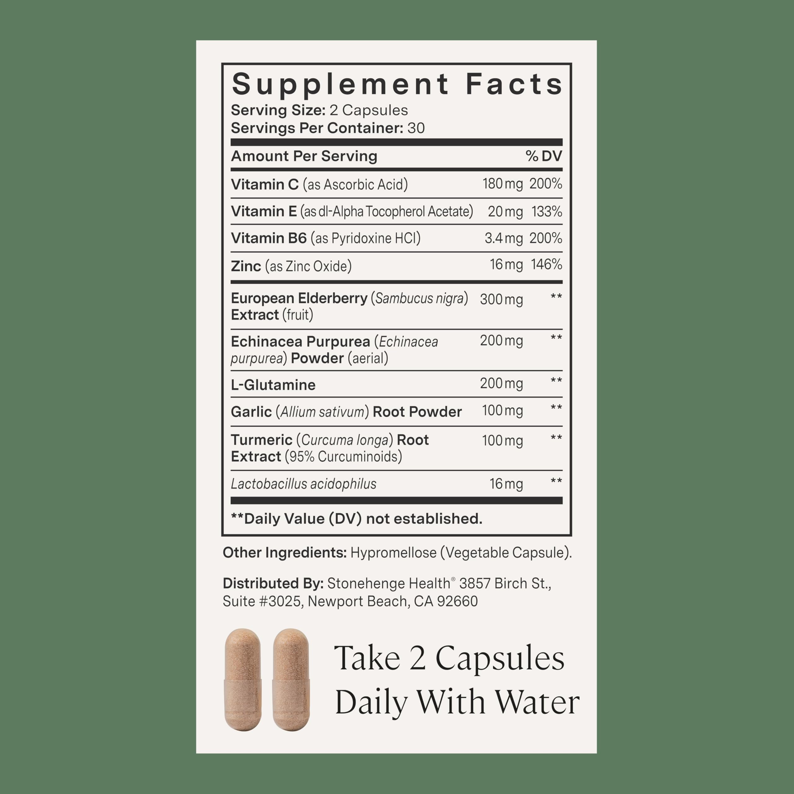 Stonehenge Health Dynamic Immunity probiotic section showing 4 billion CFU for gut balance