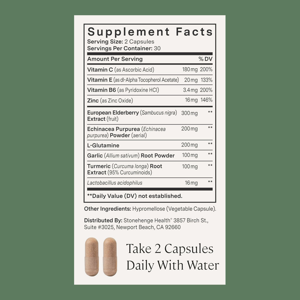 Stonehenge Health Dynamic Immunity probiotic section showing 4 billion CFU for gut balance