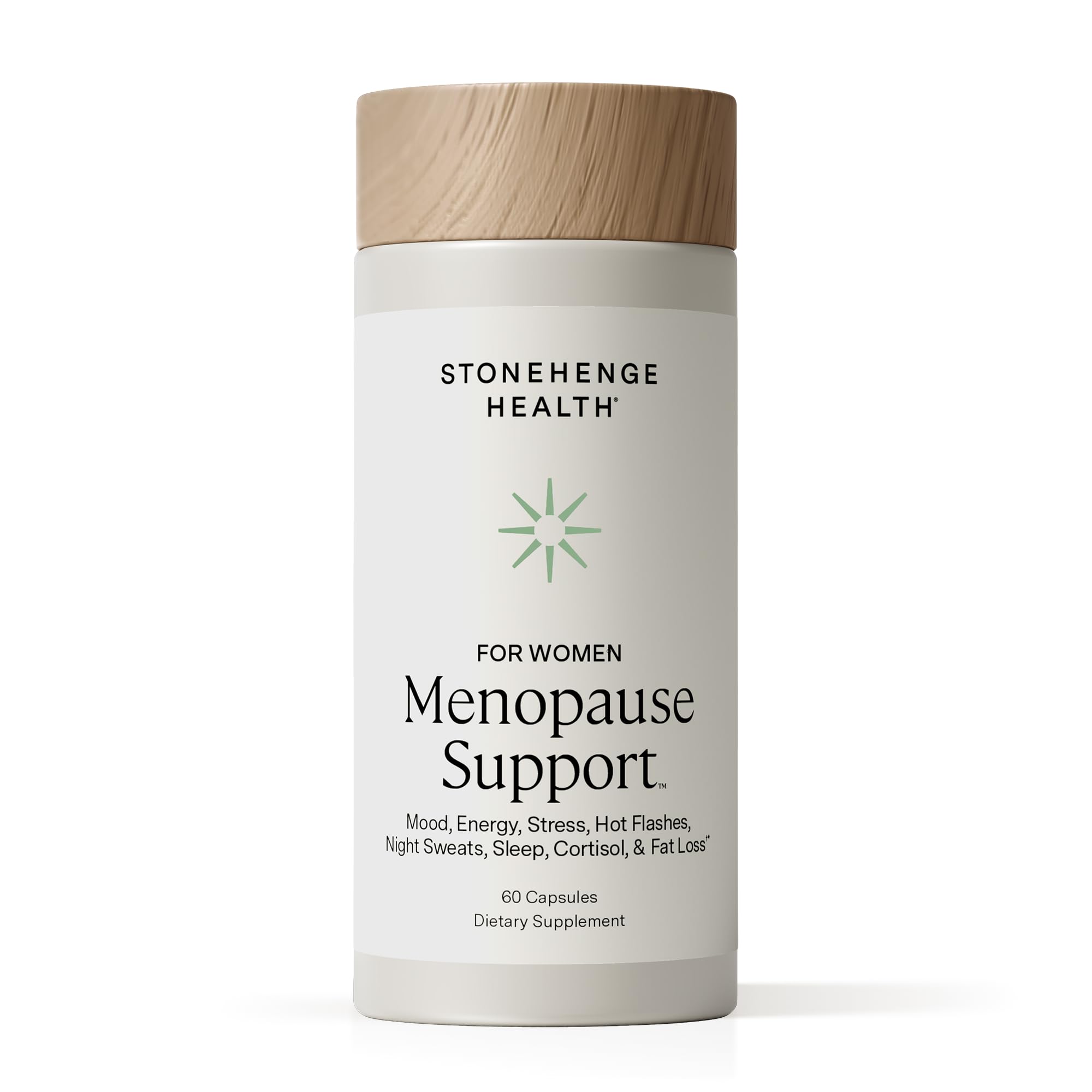 Stonehenge Health menopause bottle closeup shows mood and energy support for peri/postmenopause.