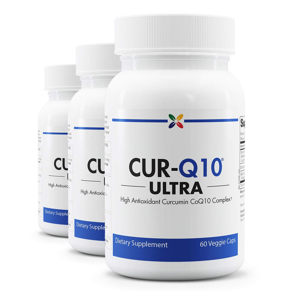 Stop Aging Now CUR-Q10 Ultra Complex bottle front showing antioxidant support information.