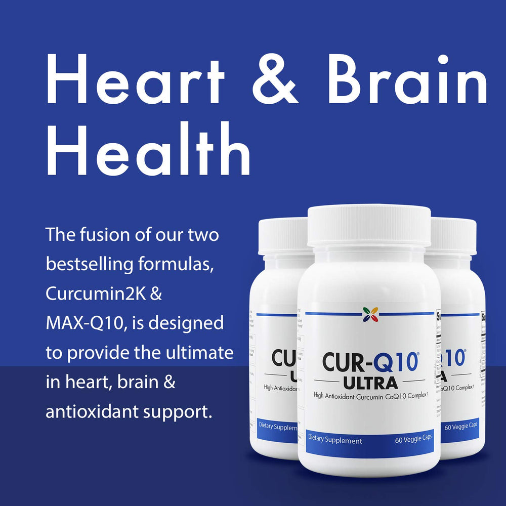 Stop Aging Now CUR-Q10 Ultra Complex bottle side, emphasizing brain and heart support formula.
