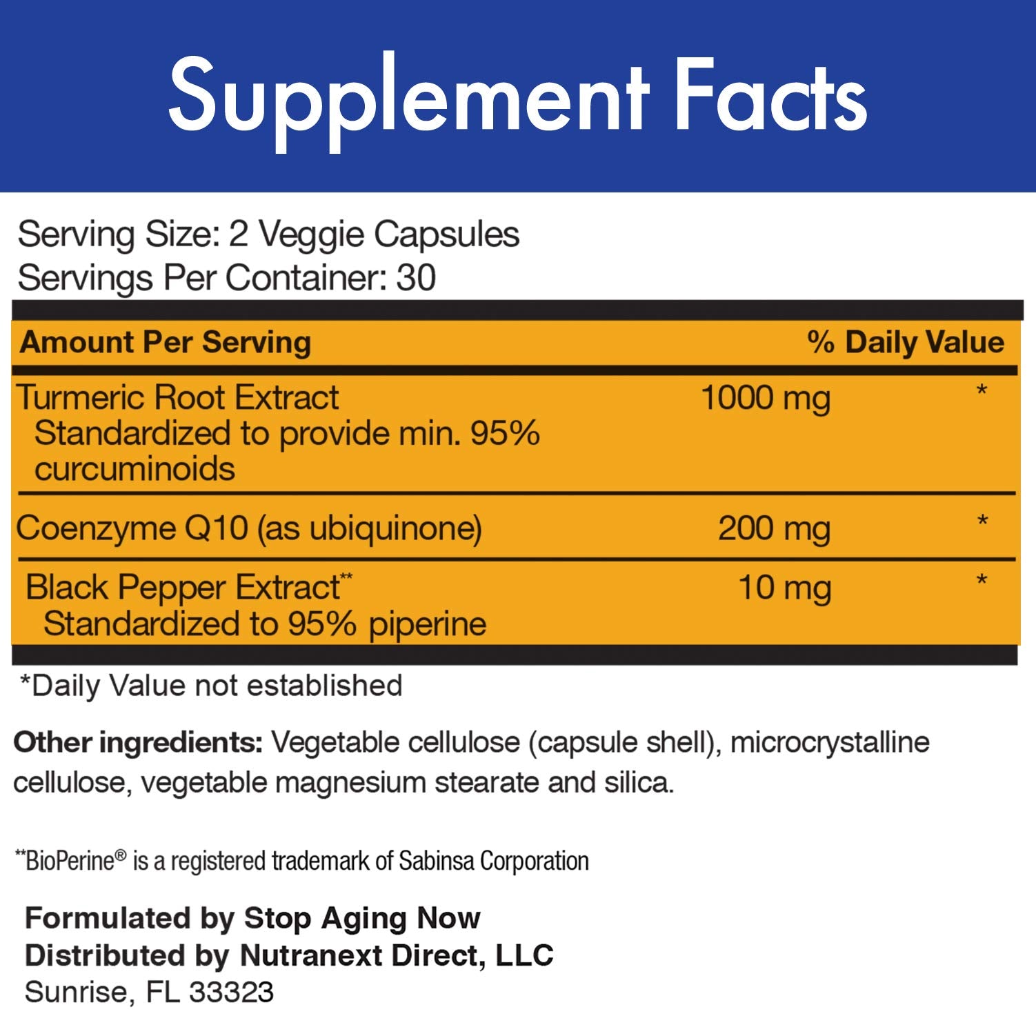 Stop Aging Now CUR-Q10 Ultra Complex label closeup, turmeric and black pepper blend.
