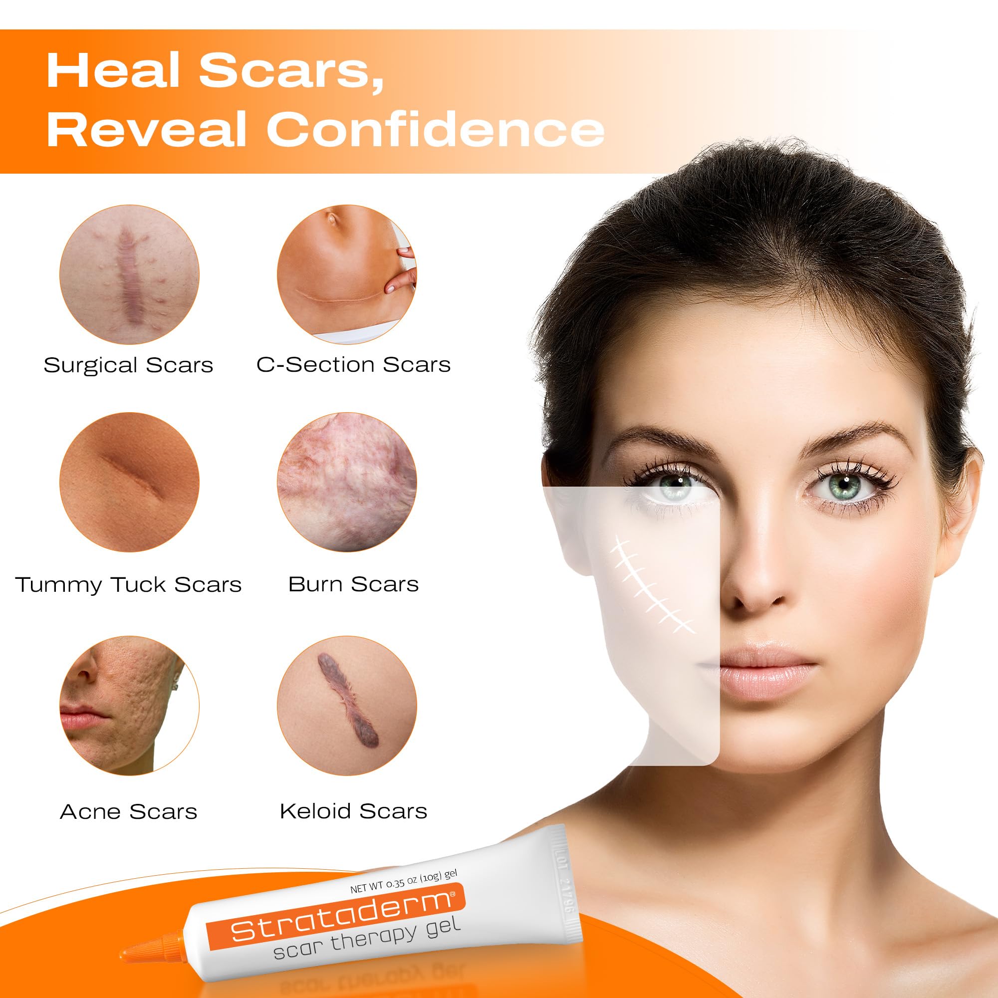 Strataderm scar gel closeup shows silicone formula for smoothing scar tissue.
