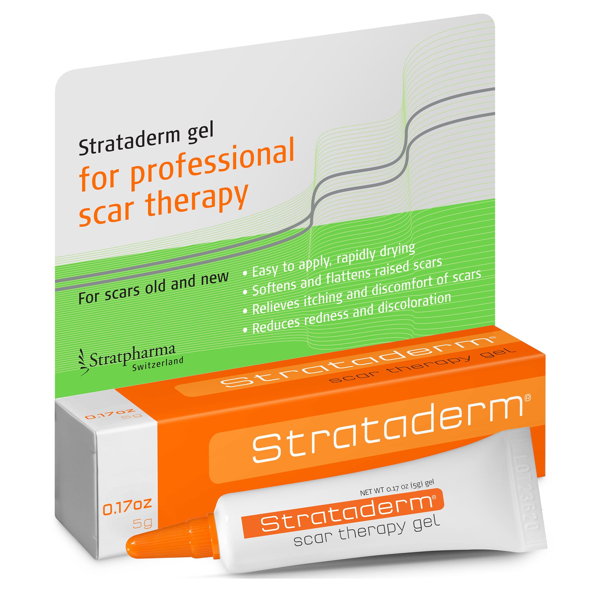 Strataderm scar gel tube front for daily scar care and easy application.