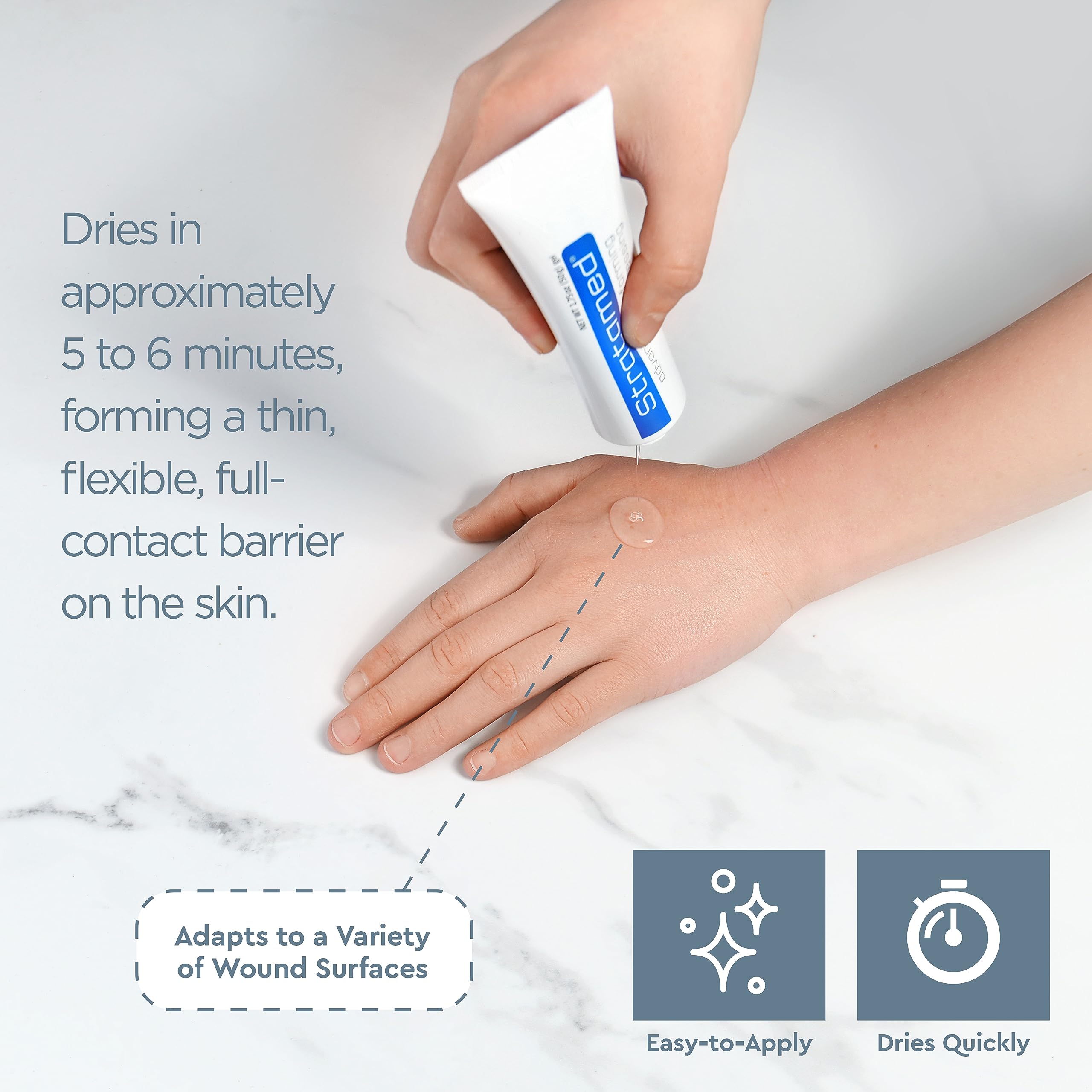 Stratamed self-drying gel formulation creates a durable film over skin.