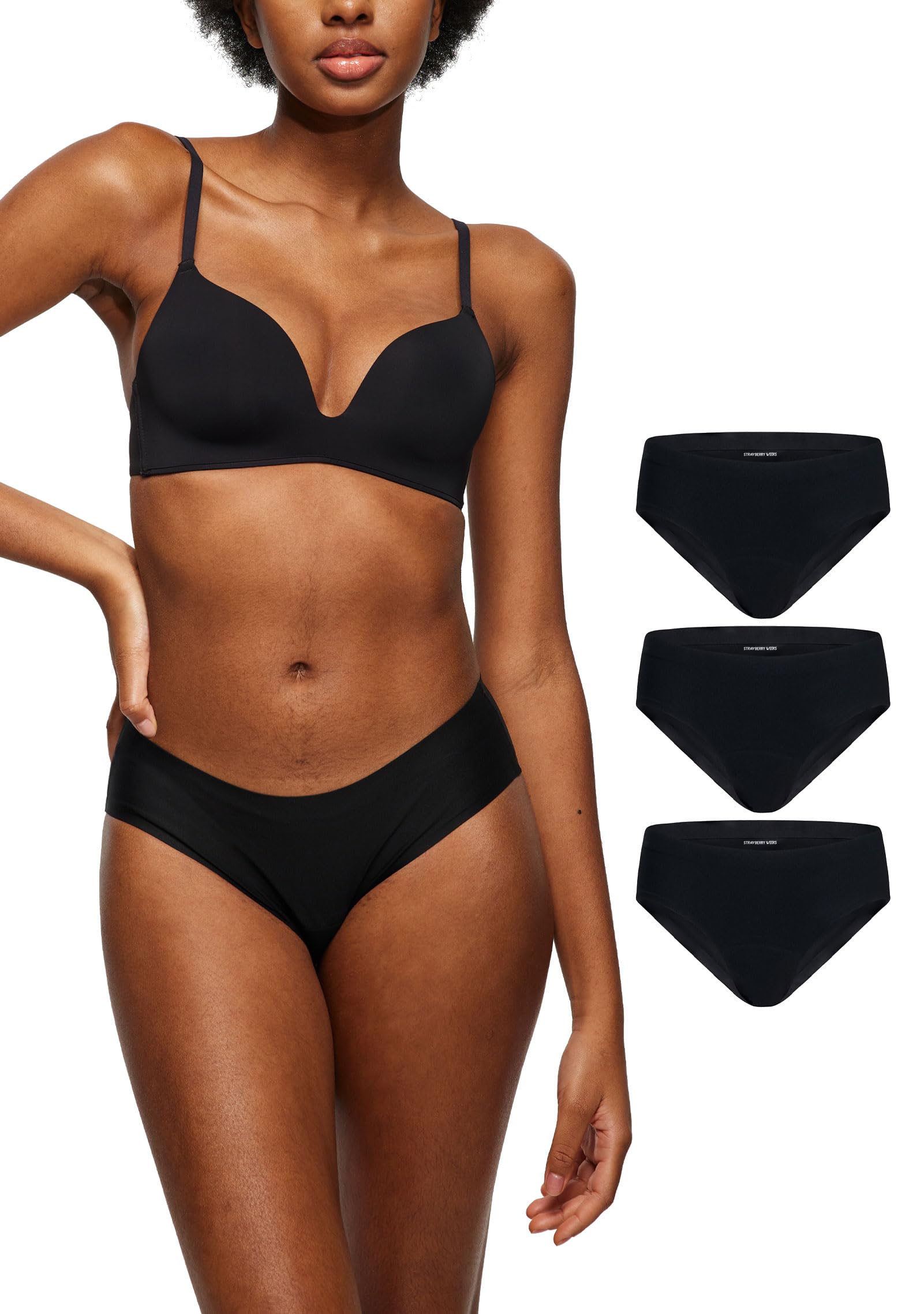 Strawberry Weeks LEAKPROOF2.0 bikini underwear flat lay showing four-sided protection for leak-free days