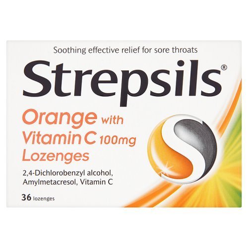 Strepsils Orange Vitamin C lozenges on pack, refreshing citrus flavor with vitamin C support.