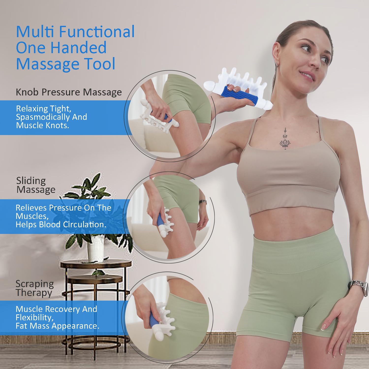 Strict fascia massage tool on the shoulder area for tension release.