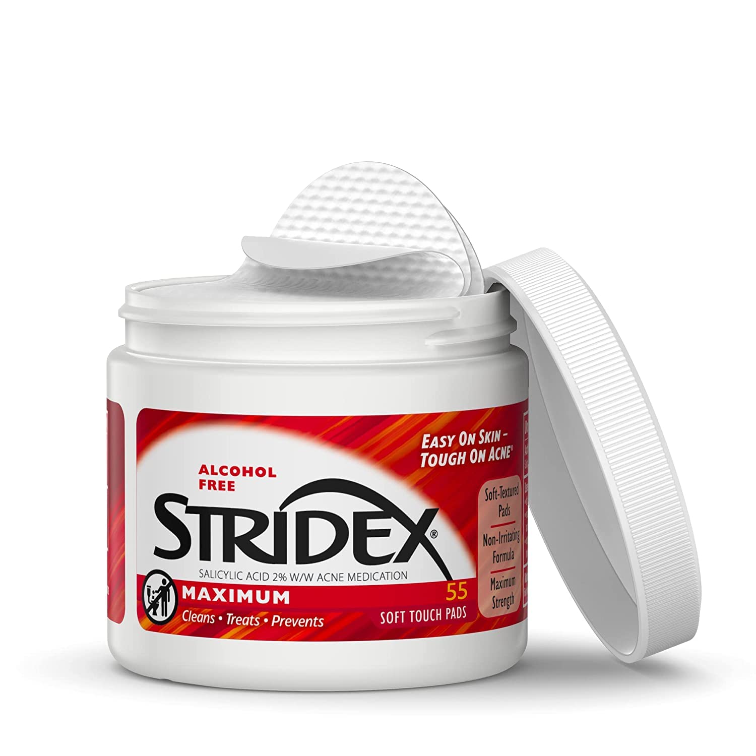 Stridex Strength pads overview highlighting maximum formula and textured surface.