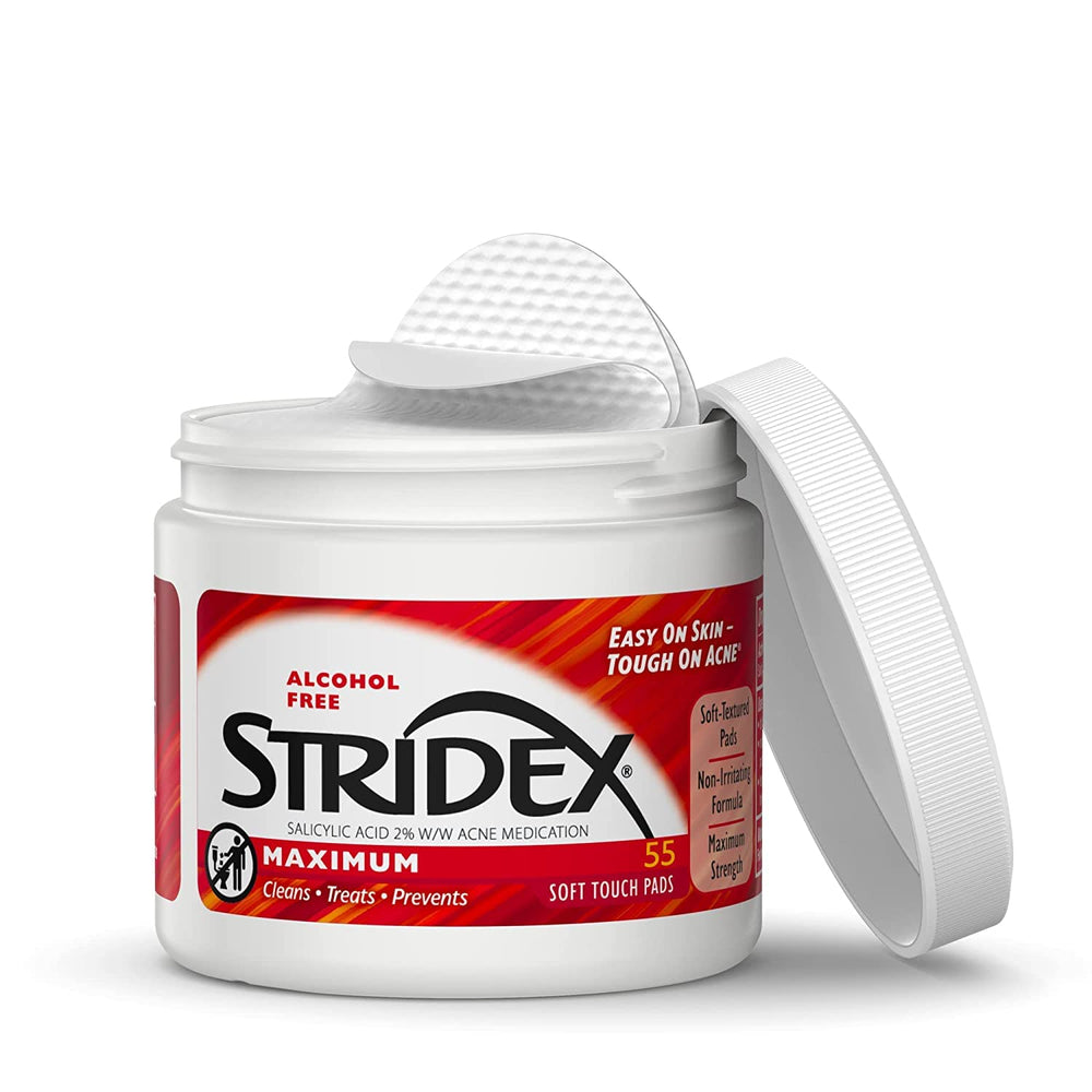 Stridex Strength pads overview highlighting maximum formula and textured surface.