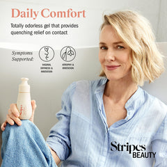 Hands massage the gel into the skin for daily comfort.