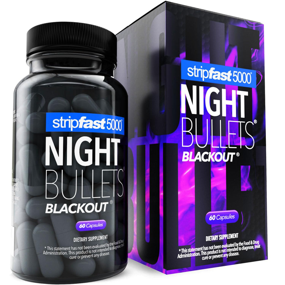 Stripfast5000 Night Bullets bottle on nightstand supports overnight wellness.