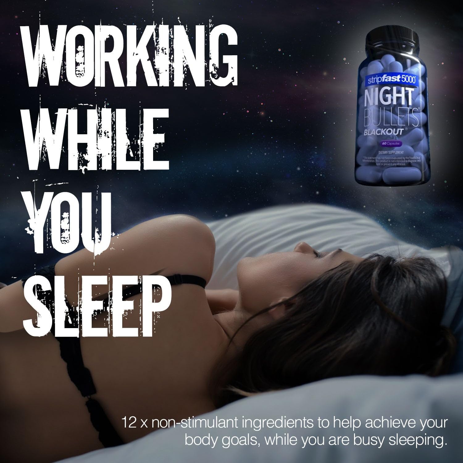 Stripfast5000 Night Bullets capsules close-up show vegan stimulant-free formula.