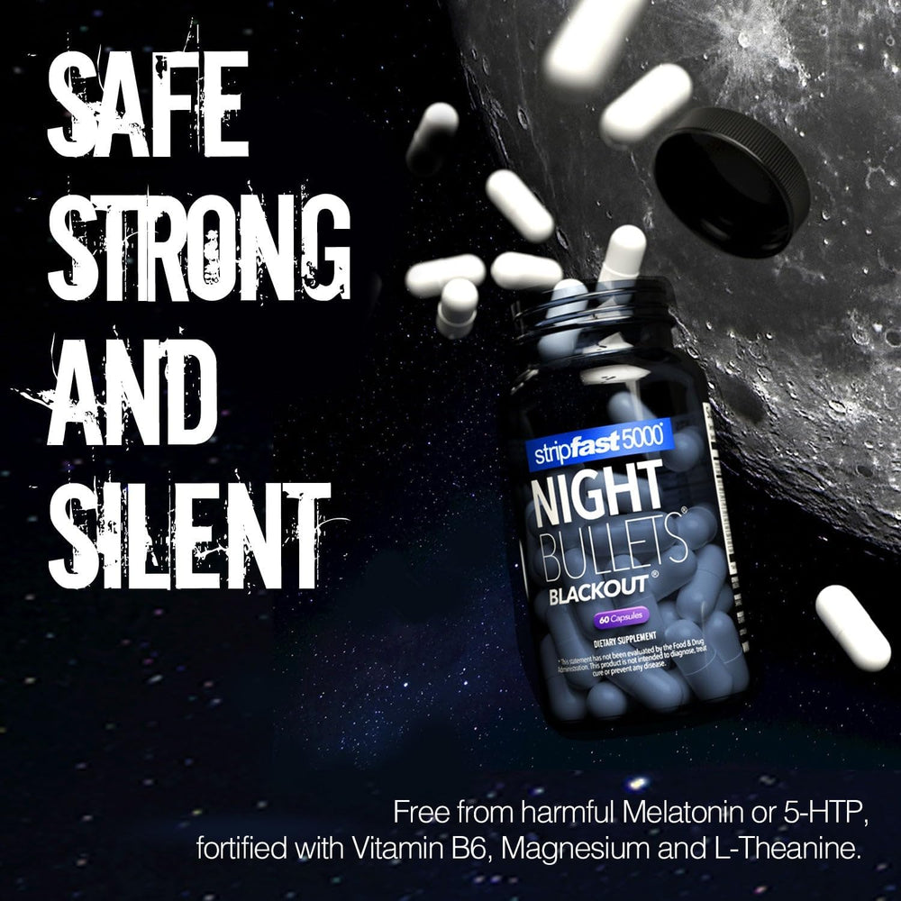 Stripfast5000 Night Bullets packaging highlights premium quality and GMP standards.