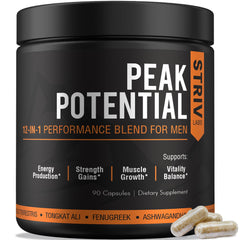 STRIVLABS Peak Potential bottle front view, highlighting a 12-in-1 blend for everyday vitality.