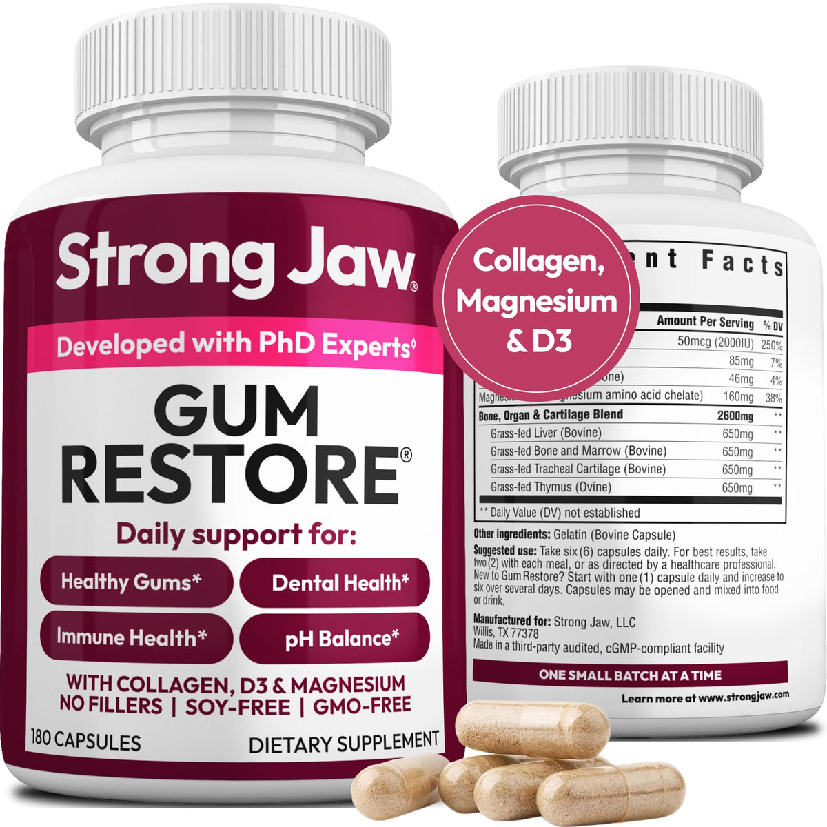 Strong Jaw Gum Restore bottle front highlighting daily gum health support
