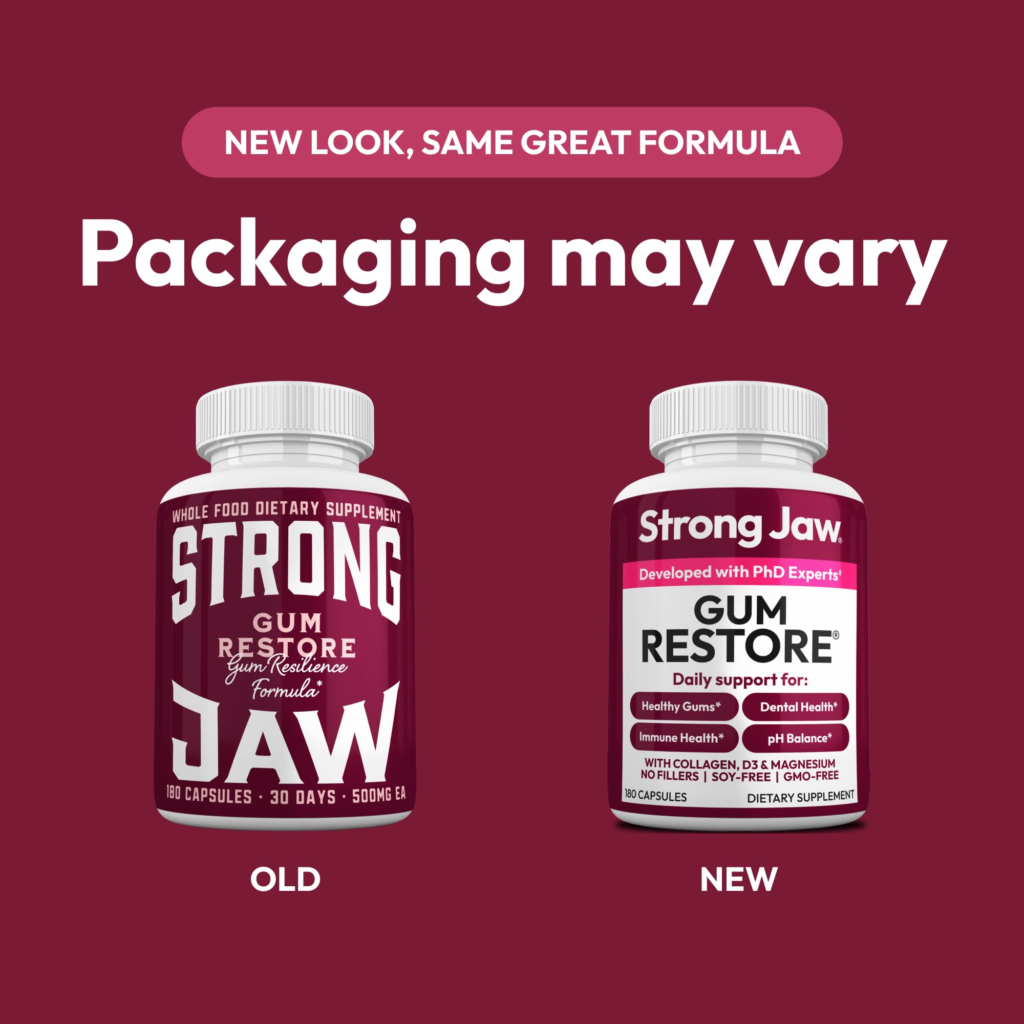 Strong Jaw Gum Restore capsules close-up showing teeth and gums vitamins