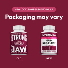 Strong Jaw Gum Restore capsules close-up showing teeth and gums vitamins