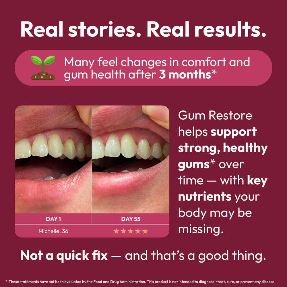 Strong Jaw Gum Restore packaging in natural light suggests premium dental vitamins