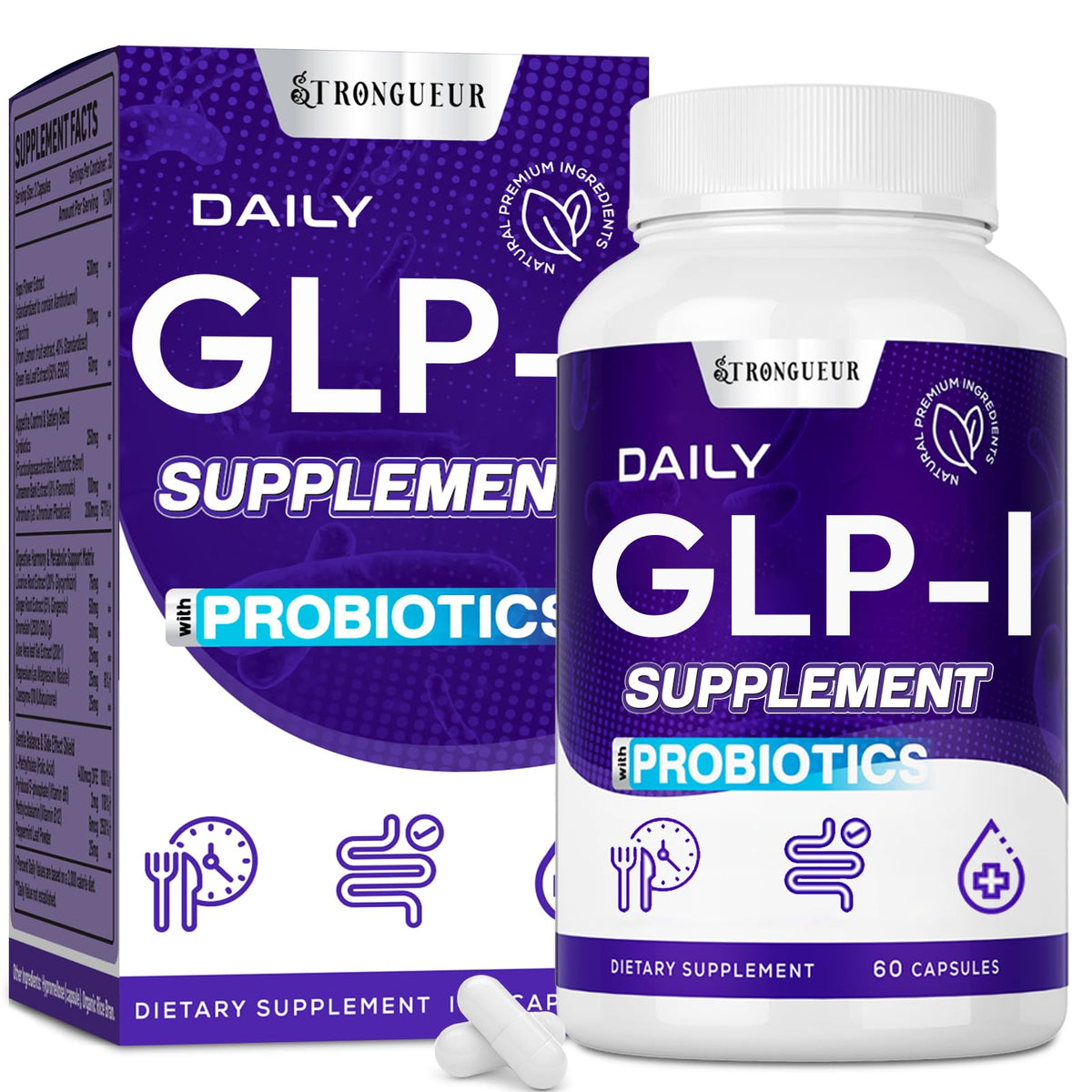 Strongueur GLP-l supplement bottle promoting daily digestion support and energy balance.