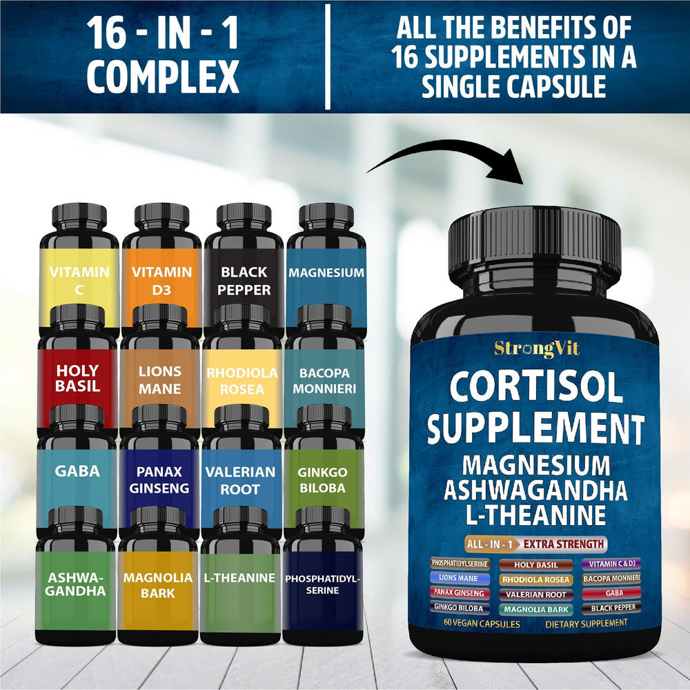 StrongVit cortisol capsules in a glass bottle ready to take