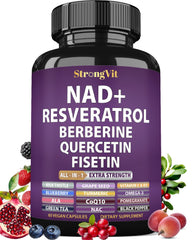 StrongVit NAD Resveratrol bottle shows liposomal delivery for better absorption
