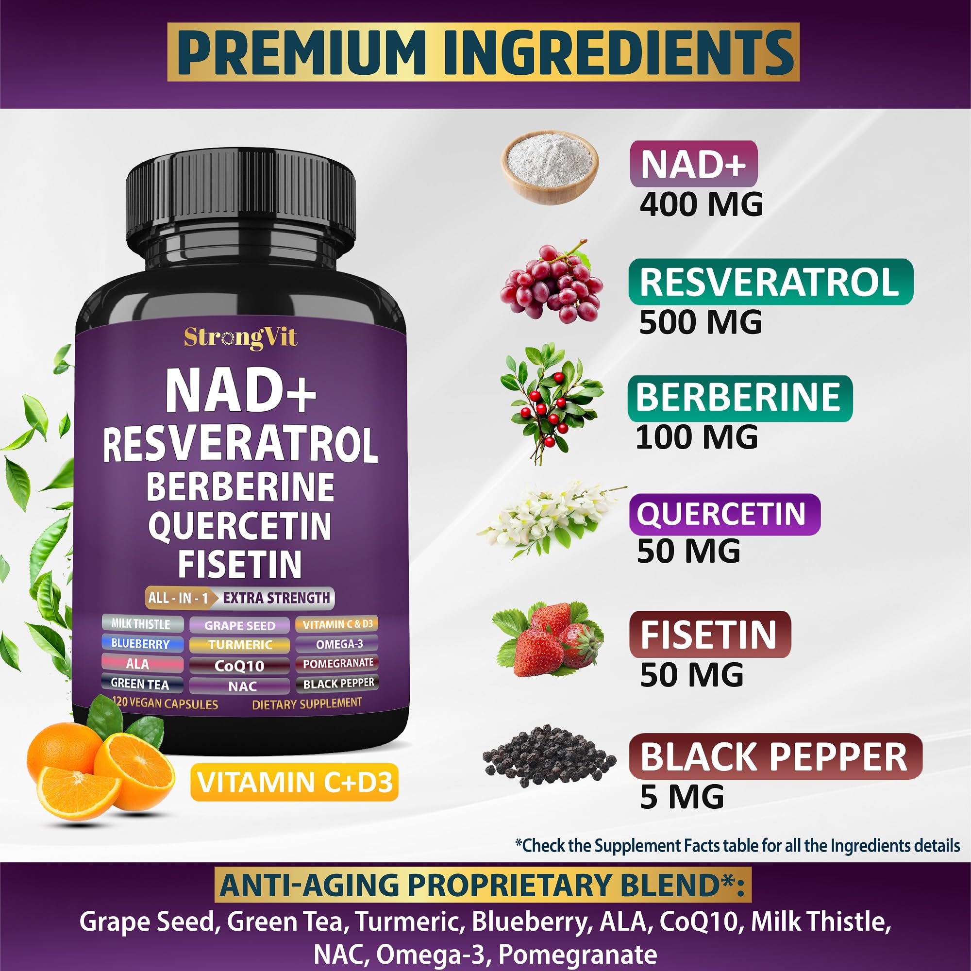 StrongVit NAD Resveratrol ingredients panel highlights 18-in-1 formula