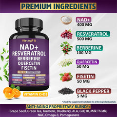 StrongVit NAD Resveratrol ingredients panel highlights 18-in-1 formula