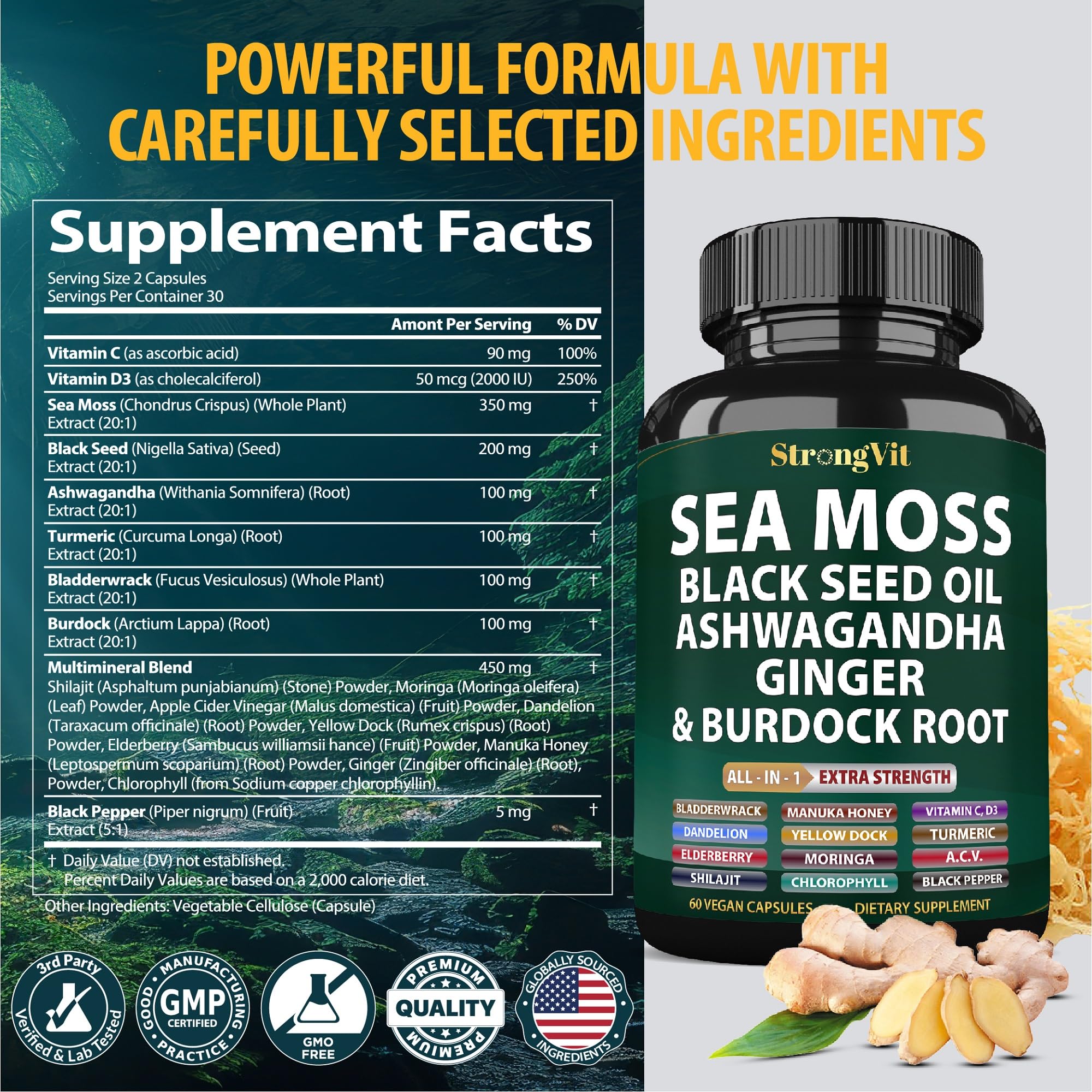 StrongVit turmeric shilajit capsules with warm golden tones