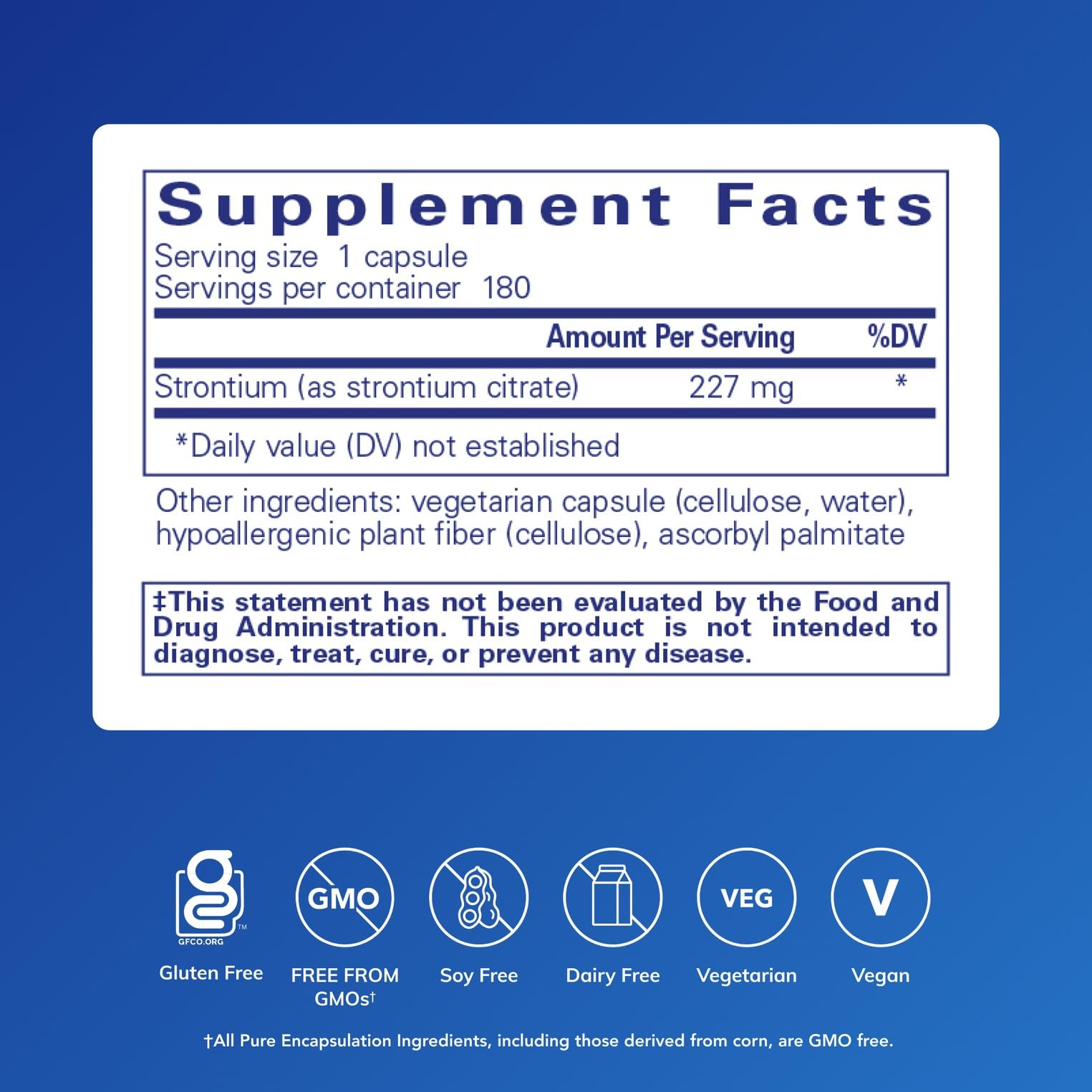 Strontium Citrate capsules close-up highlighting hypoallergenic formula.