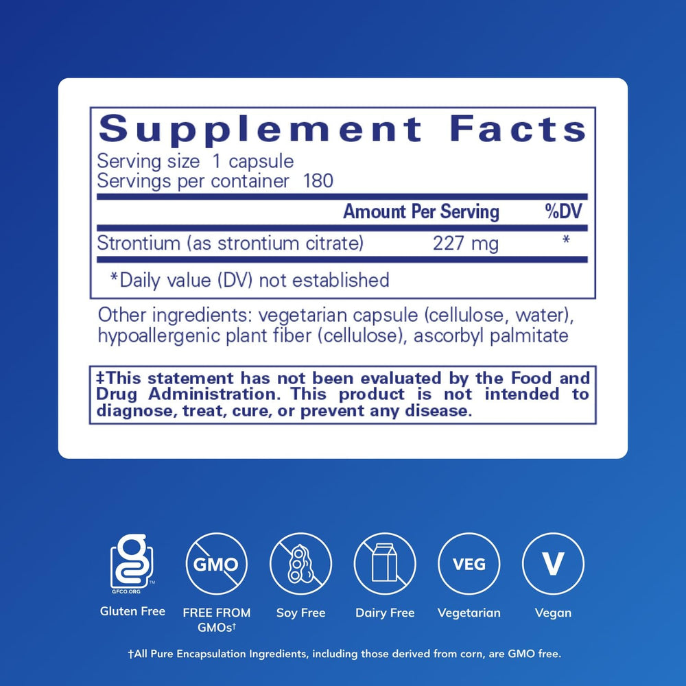 Strontium Citrate capsules close-up highlighting hypoallergenic formula.
