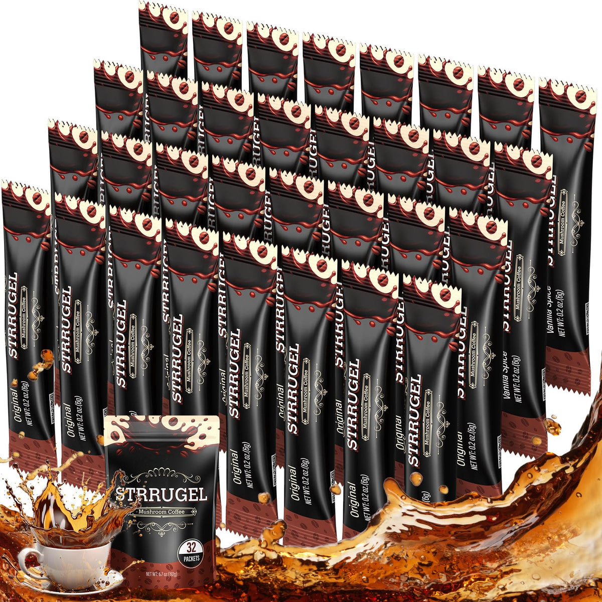 Strrugel box of organic mushroom coffee with 32-stick supply for on-the-go energy.