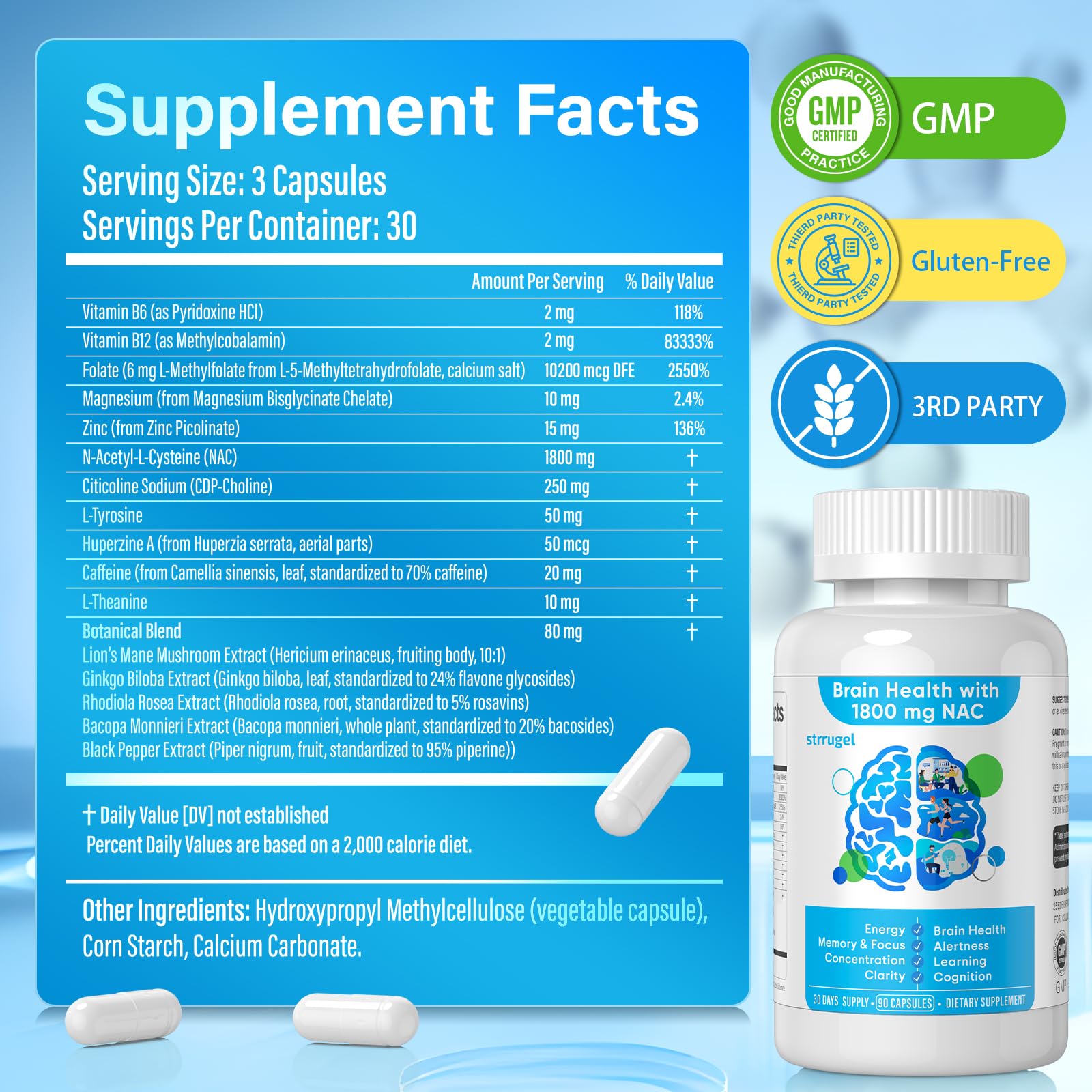 Closeup of Strrugel NAC label highlighting key cognitive ingredients.