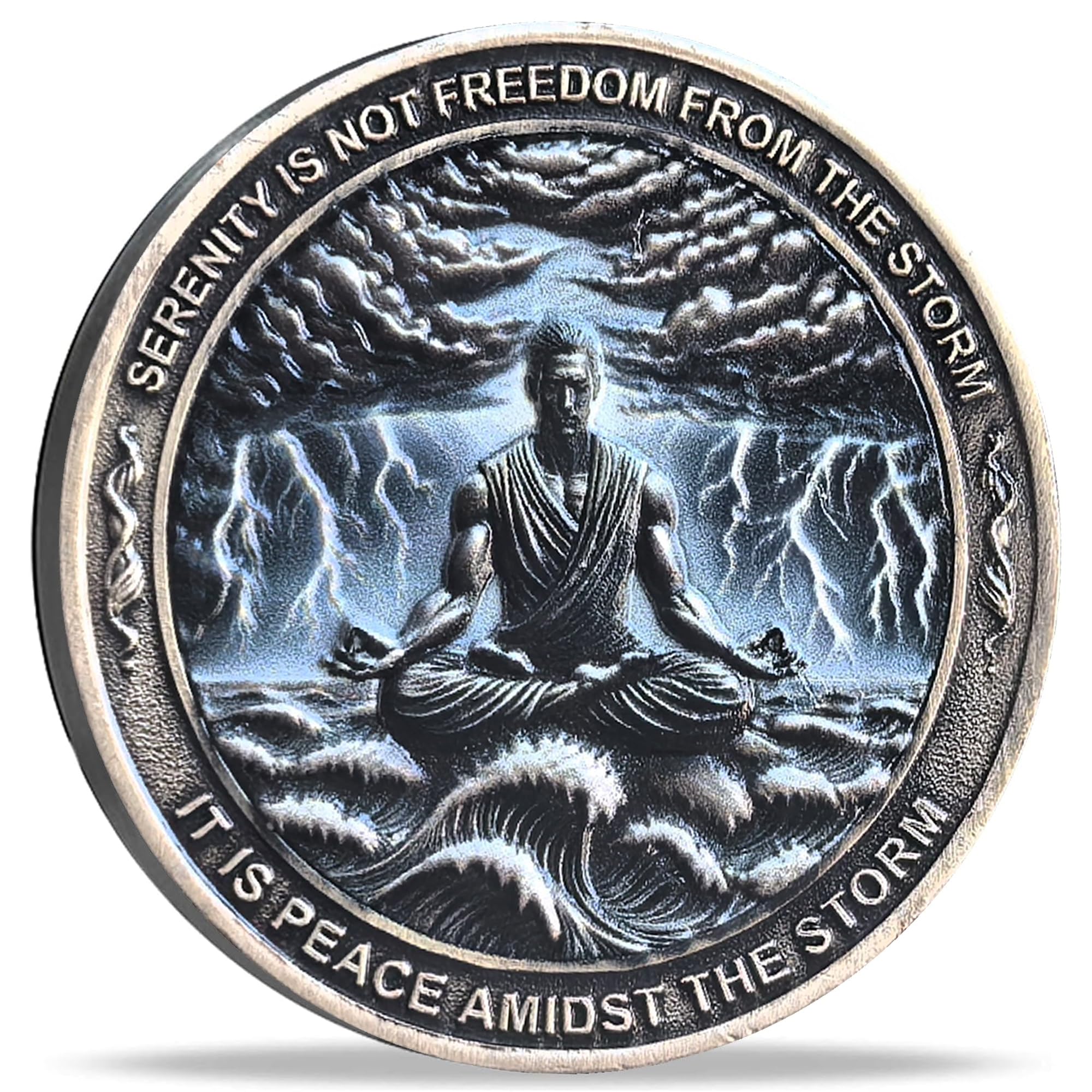 Strugglejewelry Serenity Storm coin with calm figure for resilience reminder.