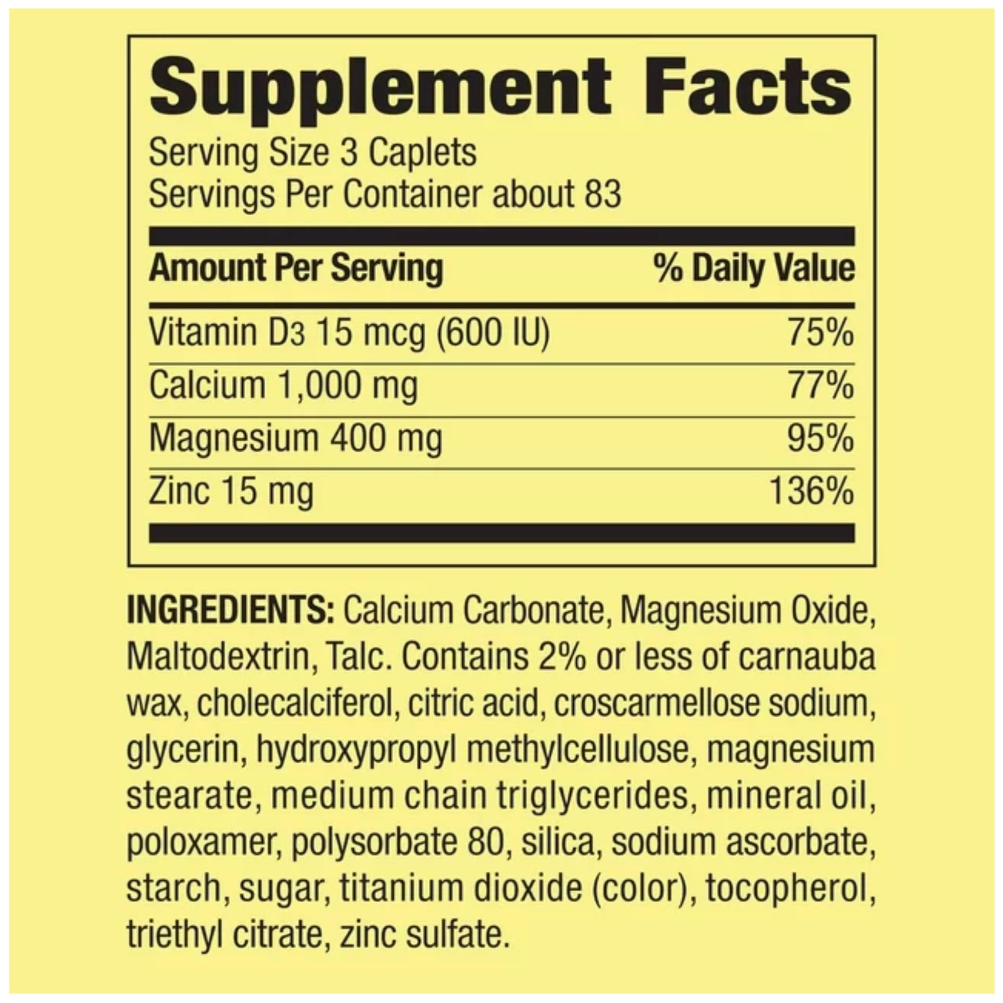 STS Home Calcium Magnesium Zinc ingredients chart with minerals and vitamin D3.