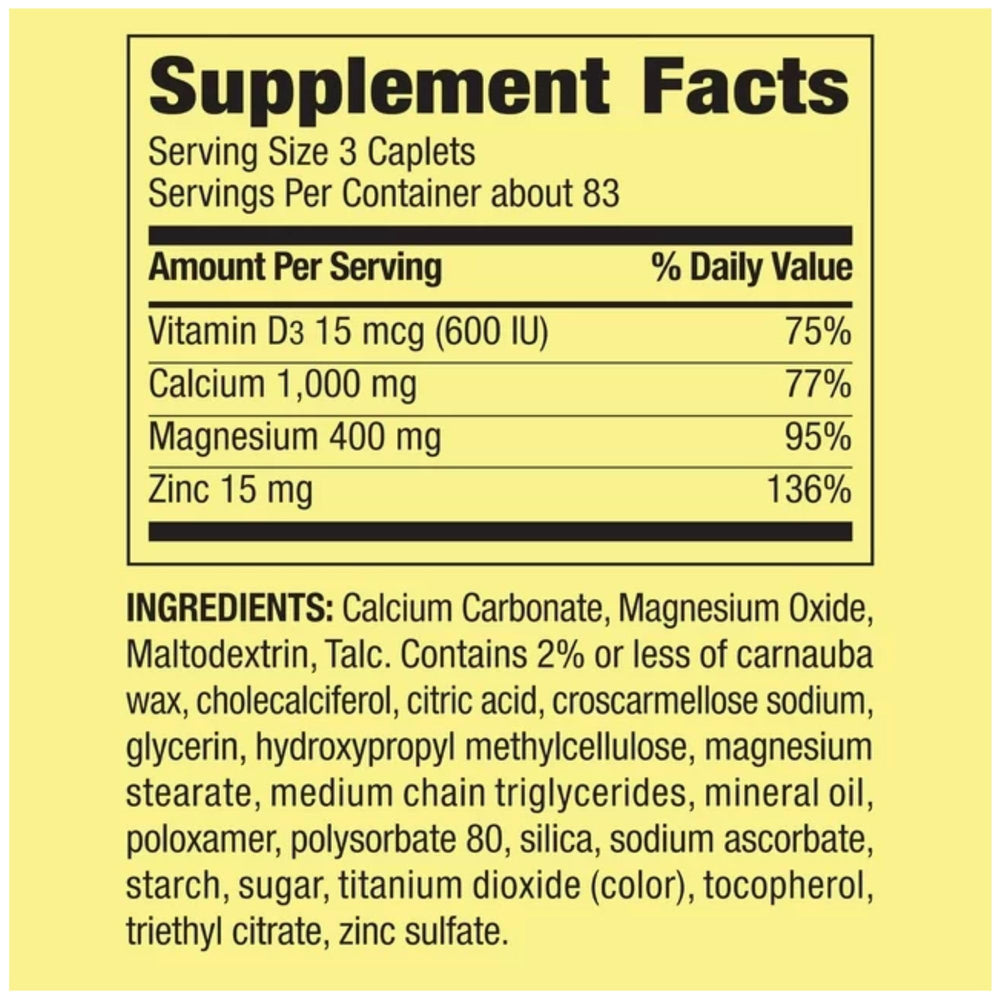 STS Home Calcium Magnesium Zinc ingredients chart with minerals and vitamin D3.