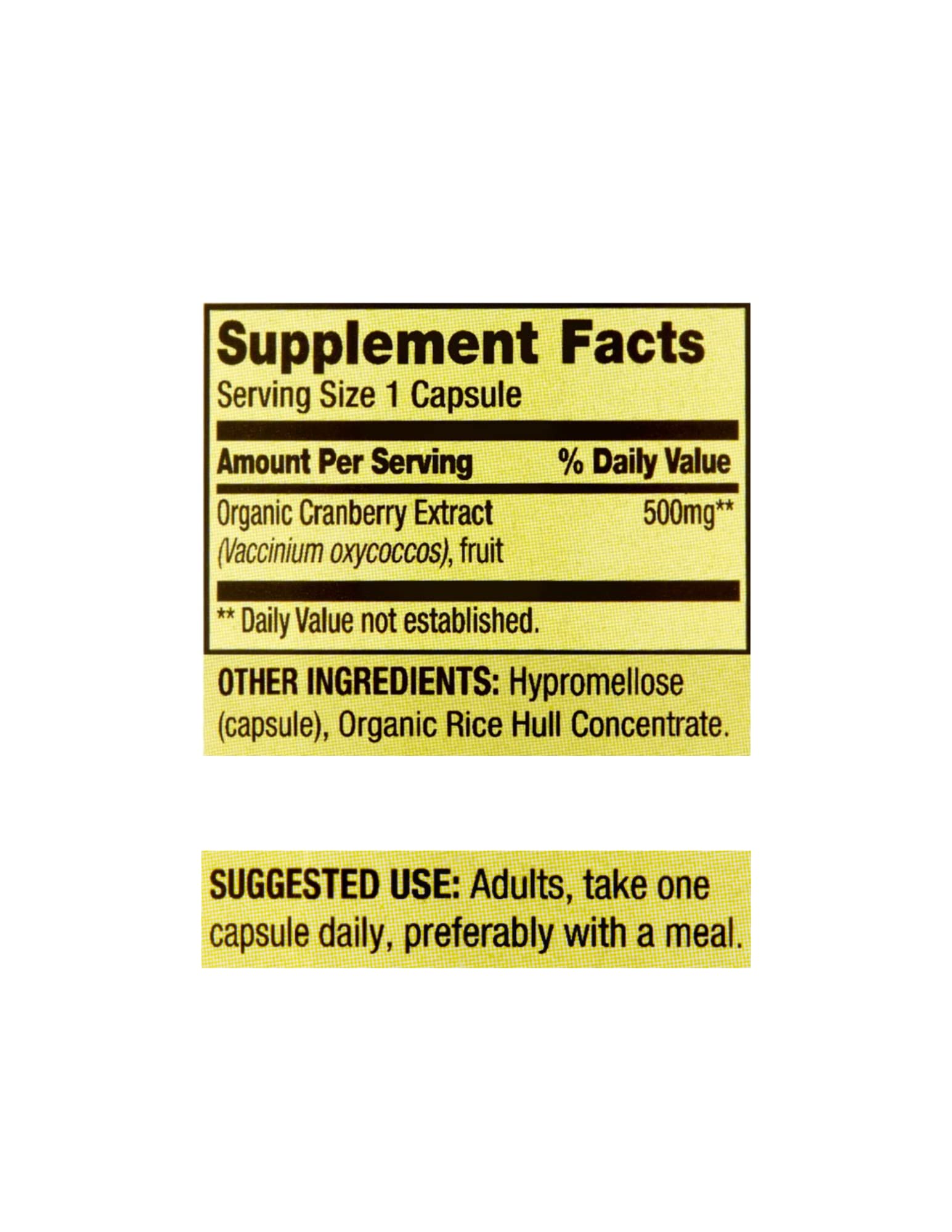 STS Home cranberry extract label on bottle showing ingredients and allergen-free features.