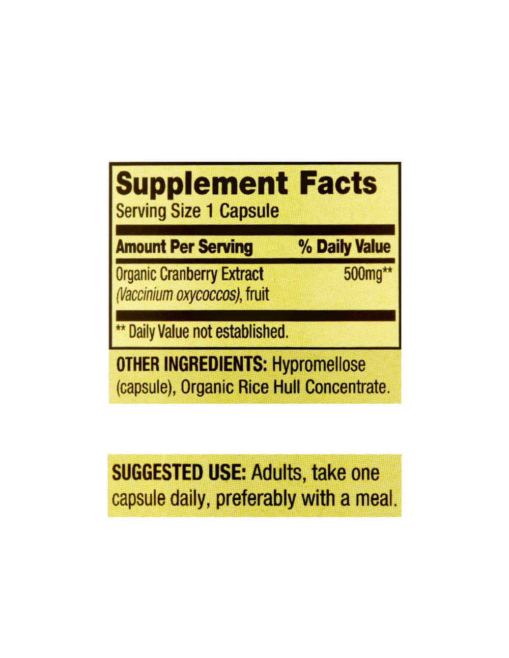 STS Home cranberry extract label on bottle showing ingredients and allergen-free features.