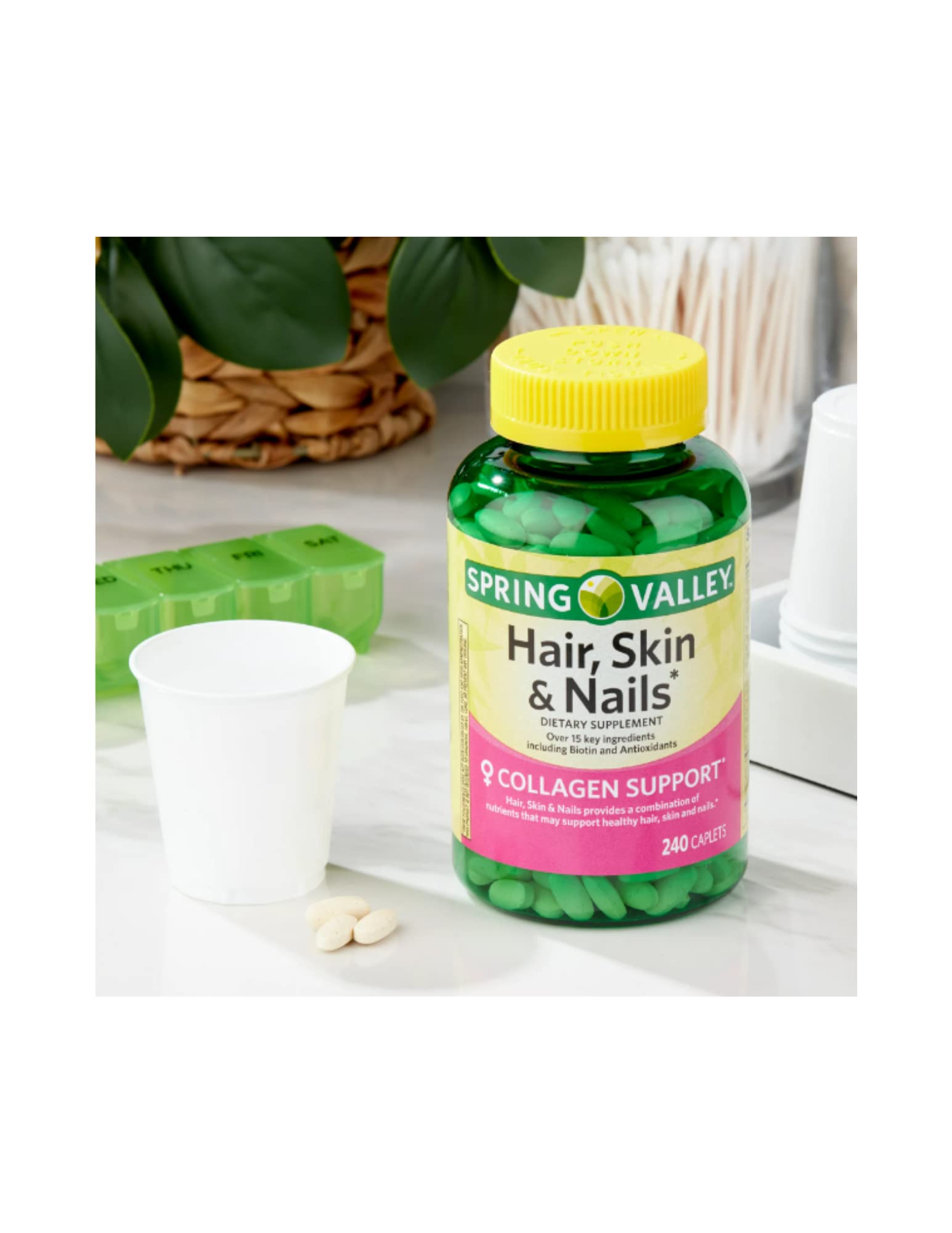 Spring Valley hair, skin & nails caplets closeup for convenient daily use