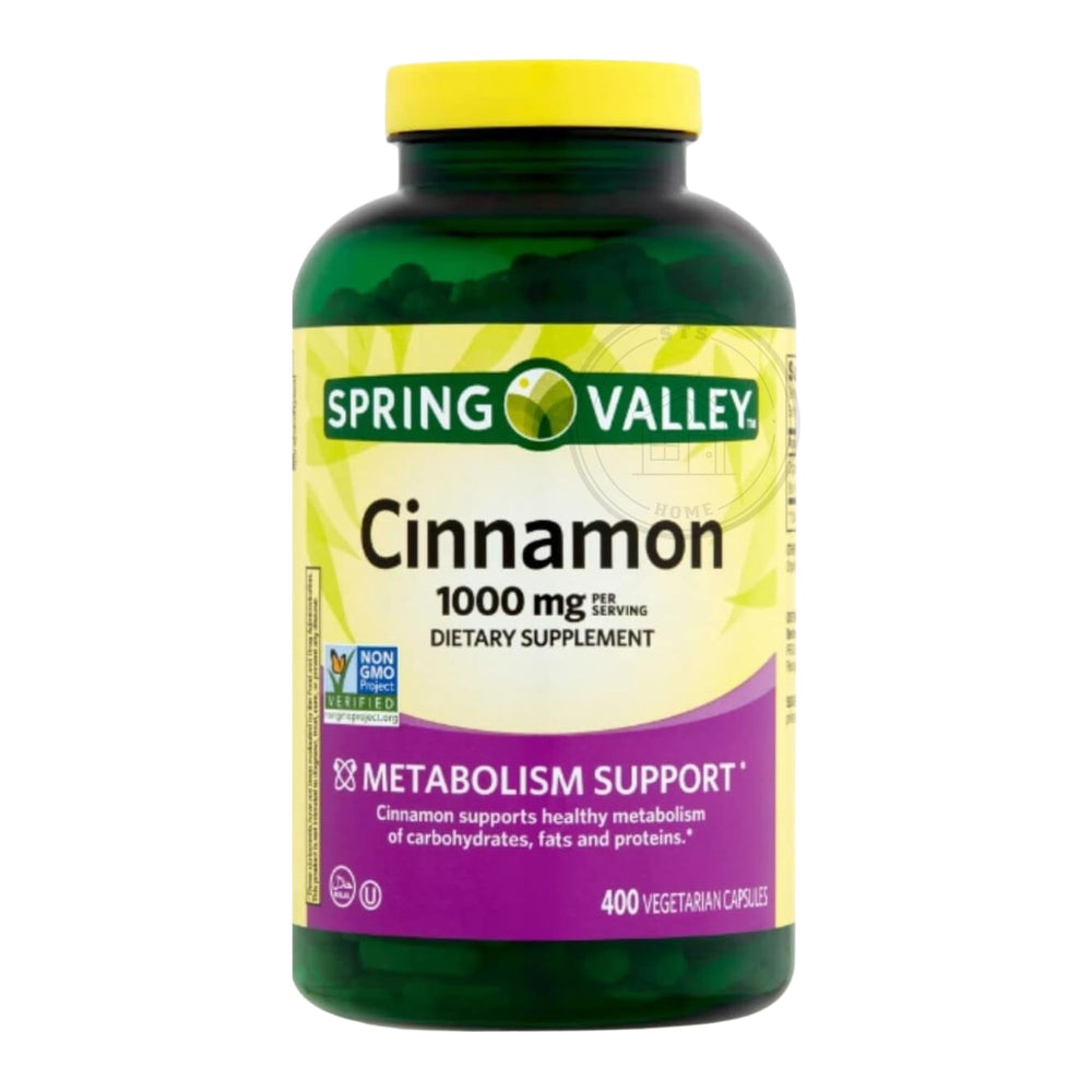 STS Home Spring Valley Cinnamon bottle label closeup showing 400-count supply.