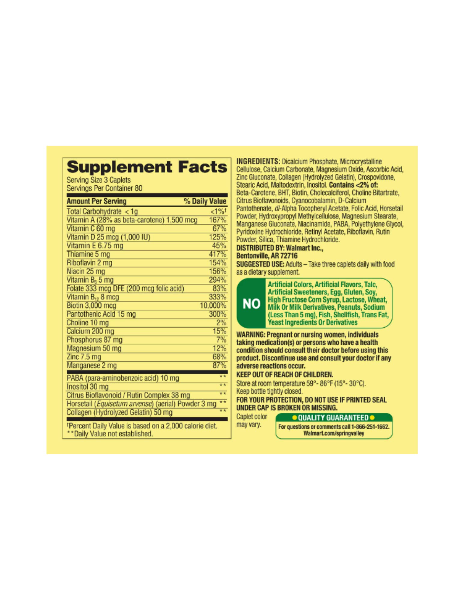 Label detail on Spring Valley bottle emphasizing quality and daily intake guidance
