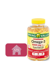 STS Home Spring Valley Omega-3 bottle front showing 1000 mg per softgel for daily wellness.