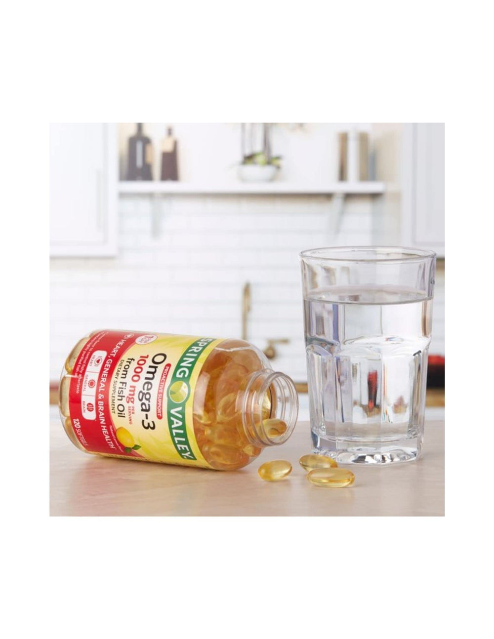 STS Home Spring Valley Omega-3 softgels close-up with lemon flavor and smooth coating.