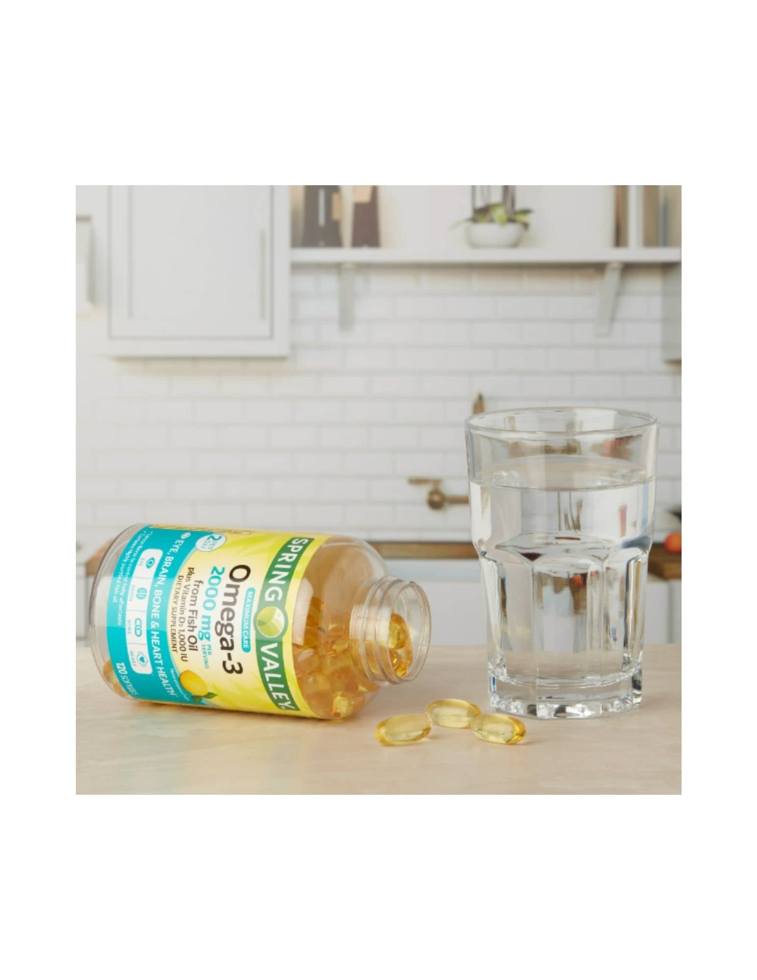 Close-up of Spring Valley Omega-3 softgels with lemon flavor for daily wellness.