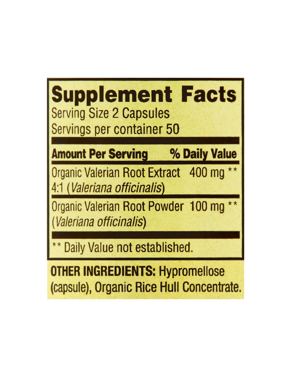 STS Home Spring Valley Valerian Root capsules label close-up with ingredients and quality signals