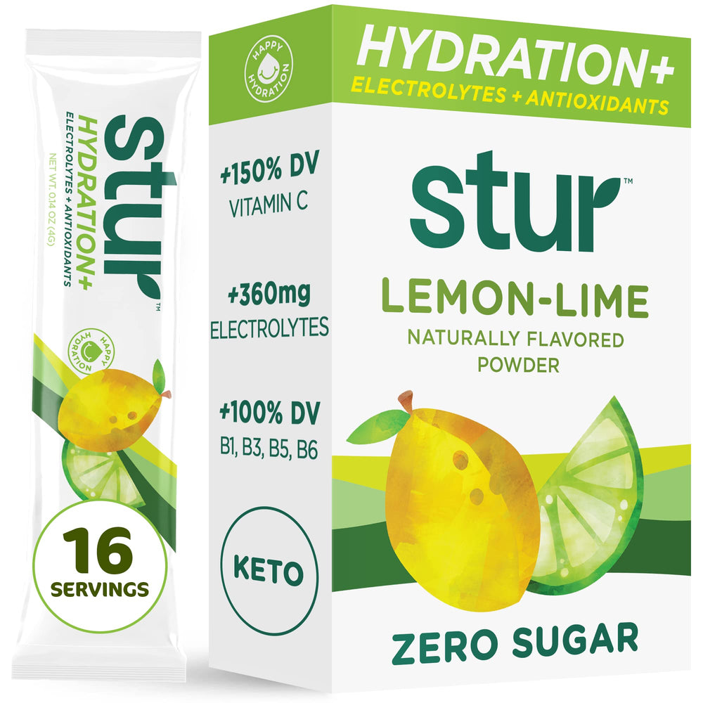 Stur electrolyte hydration packaging with lemon-lime flavor and sugar-free formula for on-the-go hydration